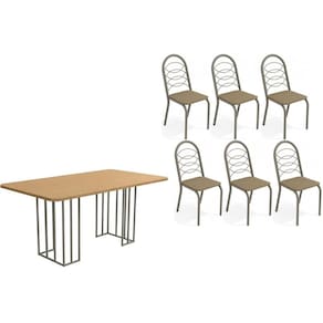 Conjunto: Mesa de Cozinha Duina c/ Tampo de Madeira 160cm e 6 Cadeiras Holanda Niquel/Freijo - Courano Cappuccino - Kappesberg