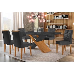 Conjunto: Mesa de Cozinha Imperatriz Tampo Madeirado c/ Vidro Canto Curvo 180x90 e 6 Cadeiras Jade Imbuia/Grafite - Linho Grafite - Rufato