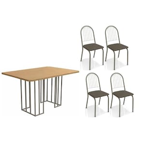 Conjunto: Mesa de Cozinha Duina c/ Tampo de Madeira 136cm e 4 Cadeiras Noruega Niquel/Freijo - Courano Marrom - Kappesberg
