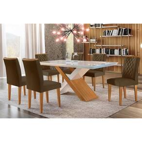 Conjunto: Mesa de Cozinha Imperatriz Tampo Madeirado c/ Vidro Canto Curvo 180x90 e 6 Cadeiras Jade Imbuia/Off White - Suede Marrom - Rufato