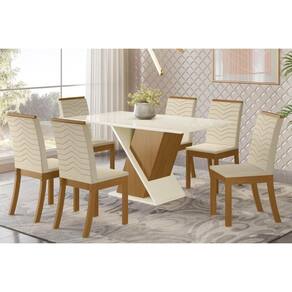 Conjunto: Mesa de Cozinha Solus c/ Tampo Madeirado 160x90cm e 6 Cadeiras Isa Nature/Linho - Henn
