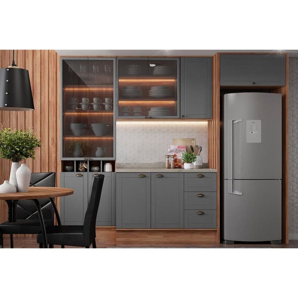 Kit Cozinha Modulada 6 Peças Bella (2Aéreos+1Balcão+1Cristaleira+2Complementos) C6P51 Nogal/Cinza - Carraro