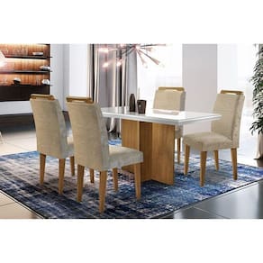 Conjunto: Mesa de Cozinha Berlim Tampo Madeirado c/ Vidro Canto Reto 120x80cm e 4 Cadeiras Athenas Capuccino/Suede Capuccino - Rufato