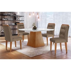 Conjunto: Mesa de Cozinha Luna c/ Tampo Madeirado c/ Vidro Canto Curvo 90x90cm e 4 cadeiras Imperatriz Imbuia/Off White - Suede Capuccino - Rufato