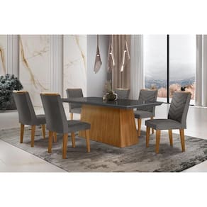 Conjunto: Mesa de Cozinha Luna c/ Tampo de Vidro Canto Curvo 180x90cm e 6 cadeiras Londrina Imbuia/Grafite - Linho Grafite - Rufato