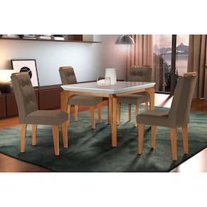 Mesa Cozinha Londrina c/ Tampo Madeirado c/ Vidro Canto Curvo 120x80cm e 4 cadeiras Imperatriz Imbuia/Off White - Suede Capuccino-Rufato
