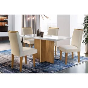 Conjunto: Mesa de Cozinha Berlim Tampo Madeirado c/ Vidro Canto Reto 120x80cm Canto Reto e 4 Cadeiras Lunara Capuccino/Suede Creme - Rufato