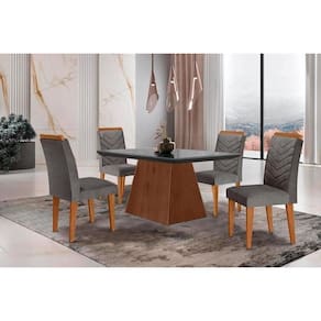 Conjunto: Mesa de Cozinha Luna c/ Tampo Madeirado c/ Vidro Canto Curvo 120x80cm e 4 cadeiras Londrina Imbuia/Grafite - Suede Grafite - Rufato