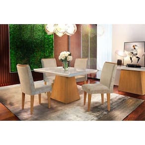 Conjunto: Mesa de Cozinha Luna Tampo Madeirado c/ Vidro Canto Reto 120x80cm e 4 Cadeiras Lunara Capuccino/Suede Capuccino - Rufato