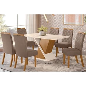 Conjunto: Mesa de Cozinha Solus c/ Tampo Curvo Madeirado c/ Vidro 160x90cm e 6 Cadeiras Bella Nature/Suede Light Marrom Amendoa - Henn