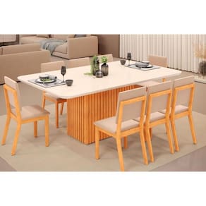Conjunto: Mesa Sala Jantar Canes Tampo Madeirado c/ Vidro Curvo 200x100cm e 8 Cadeiras Talia Cedro/Off White - Suede Creme - DJ Móveis