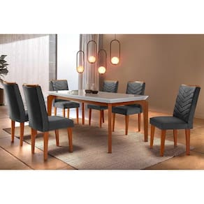 Conjunto: Mesa de Cozinha Londrina Tampo Madeirado c/ Vidro Reto 180x90 e 6 Cadeiras Londrina Capuccino/Suede Grafite - Rufato
