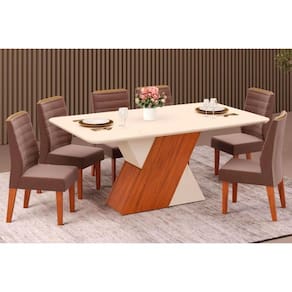 Conjunto: Mesa de Cozinha Rubi c/ Tampo Madeirado c/ Vidro 170x90cm e 6 Cadeiras Ondina Freijo/Off White/Off White - Suede Moca - DJ Móveis