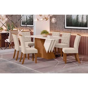 Conjunto: Mesa de Cozinha Epic Tampo Madeirado c/ Vidro 160x90cm e 6 Cadeiras Vita Nature/Linho - Henn