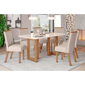 Conjunto: Mesa de Cozinha Yara c/ Tampo Madeirado c/ Vidro Curvo 160x90cm e 6 Cadeiras Malu Nature/Linho - Henn