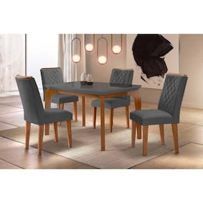 Conjunto: Mesa de Cozinha Londrina c/ Tampo Madeirado c/ Vidro Canto Reto 120x80cm e 4 cadeiras Jade Imbuia/Grafite - Suede Grafite - Rufato