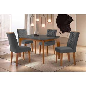 Conjunto: Mesa de Cozinha Londrina c/ Tampo Madeirado c/ Vidro Canto Curvo 120x80cm e 4 cadeiras Jade Imbuia/Grafite - Suede Grafite - Rufato