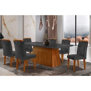 Conjunto: Mesa de Cozinha Luna Tampo Madeirado c/ Vidro Curvo 180x90 e 6 Cadeiras Amsterdã Capuccino/Suede Grafite - Rufato