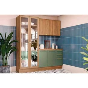 Kit de Cozinha Completa 4 Peças Botanic (1Aéreo+1Balcão+1Cristaleira+1Complemento) M656 Nogueira/Verde Oliva - Kappesberg