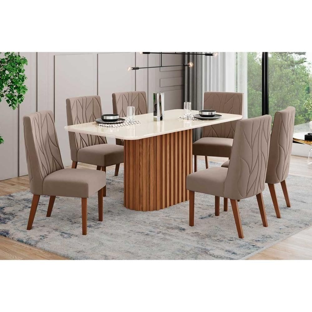 Conjunto: Mesa de Cozinha Solana c/ Tampo Madeirado c/ Vidro Curvo 160x90cm e 6 Cadeiras Eloa Nature/Suede Light Marrom Amêndoa - Henn