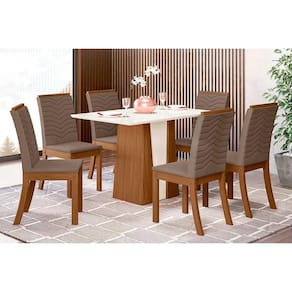 Conjunto: Mesa de Cozinha Orus Tampo Madeirado 120x80cm e 6 Cadeiras Isa Nature/Off White - Suede Marrom - Henn