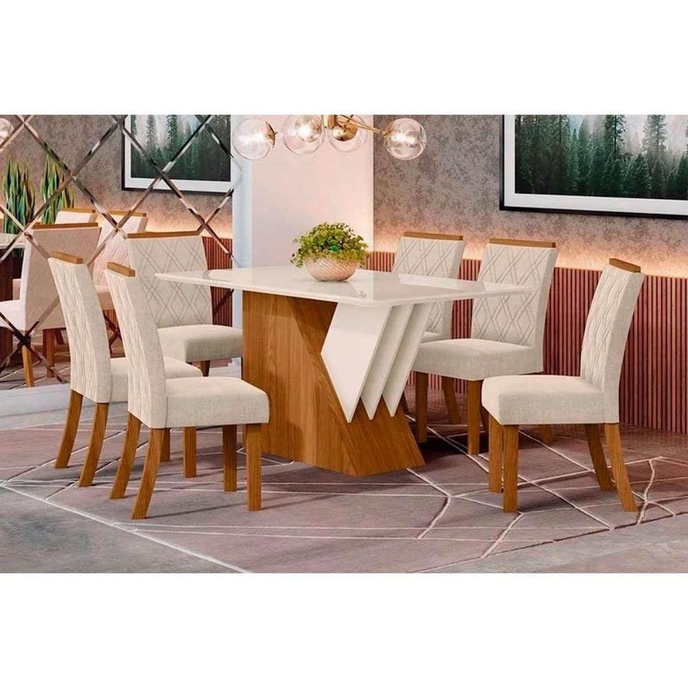 Conjunto: Mesa de Cozinha Épic SC24 Tampo Madeirado c/ Vidro Canto Curvo 160x90cm e 6 Cadeiras Vita Nature/Suede Light Linho - Henn