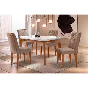 Conjunto: Mesa de Cozinha Londrina Tampo Madeirado c/ Vidro 120x80cm e 4 Cadeiras Jade Capuccino/Linho Bege Turim - Rufato