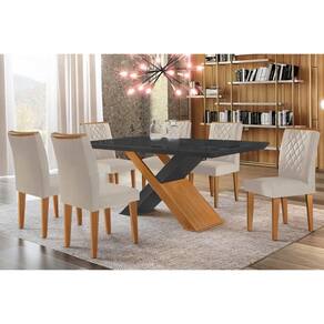 Conjunto: Mesa de Cozinha Imperatriz Tampo Madeirado c/ Vidro Canto Curvo 180x90 e 6 Cadeiras Jade Imbuia/Grafite - Suede Creme - Rufato