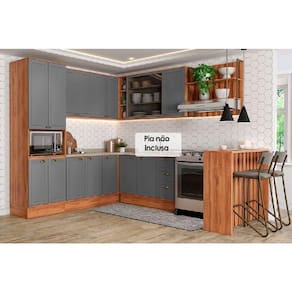 Kit Cozinha Modulada 9 Peças Bella (3Aéreos+3Balcões+1TorreQuente+1Ilha+1Complemento) C9P200 Nogal/Cinza-Carraro