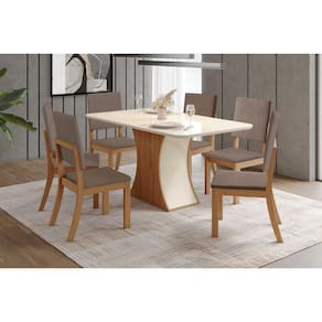 Conjunto: Mesa de Cozinha Luiza c/ Tampo Curvo Madeirado c/ Vidro 160x80cm e 6 Cadeiras Milla Nature/Off White - Suede Marrom - Henn