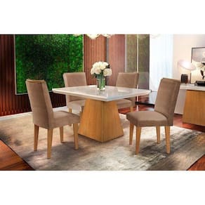 Conjunto: Mesa de Cozinha Luna Tampo Madeirado c/ Vidro Canto Reto 120x80cm e 4 Cadeiras Lunara Imbuia/Suede Capuccino - Rufato