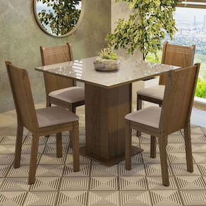 Conjunto Sala de Jantar Mesa Tampo de Vidro 4 Cadeiras Rustic/Crema/Sintético Bege Perla Madesa XV