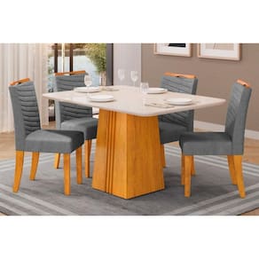 Conjunto: Mesa Sala Jantar Italia Tampo Madeirado c/ Vidro 120x90cm e 4 Cadeiras Julia Cedro/Off White - Suede Lunar - DJ Móveis