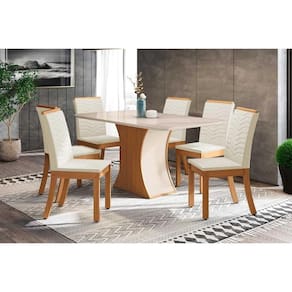 Conjunto: Mesa de Cozinha Luiza c/ Tampo de Vidro 160x90cm e 6 Cadeiras Isa Nature/Off White - Linho Bege - Henn