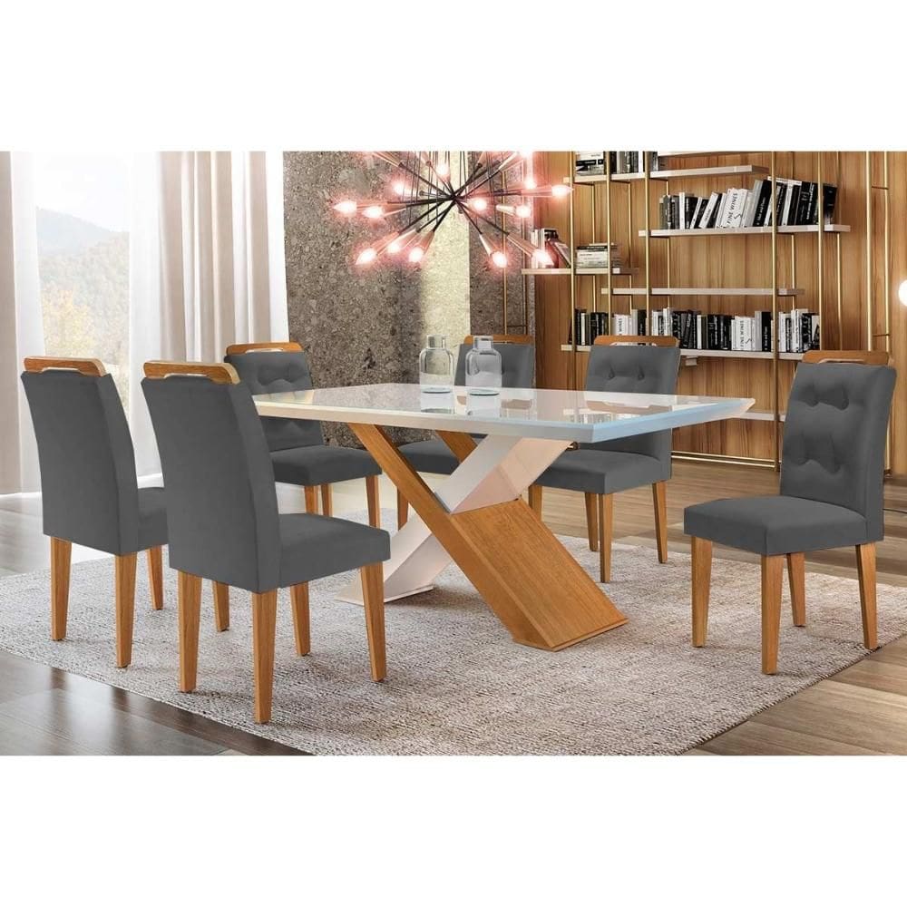 Conjunto: Mesa de Cozinha Imperatriz Tampo Madeirado c/ Vidro Curvo 180x90 e 6 Cadeiras Imperatriz Imbuia/Off White - Suede Grafite - Rufato