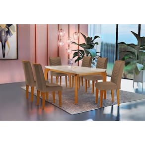 Conjunto: Mesa de Cozinha Londrina Tampo Madeirado c/ Vidro 180x90cm e 6 Cadeiras Londrina Imbuia/Suede Capuccino - Rufato