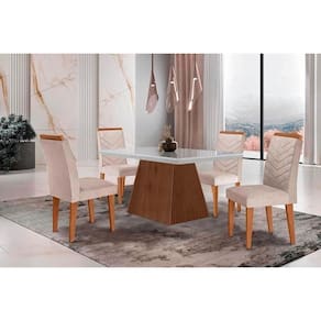 Conjunto: Mesa de Cozinha Luna c/ Tampo Madeirado c/ Vidro Canto Curvo 120x80cm e 4 cadeiras Londrina Imbuia/Off White - Suede Creme - Rufato