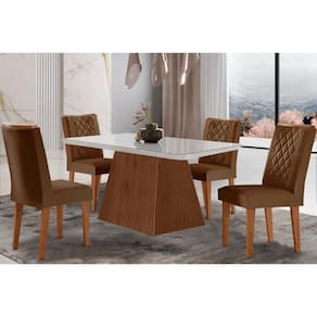 Conjunto: Mesa de Cozinha Luna c/ Tampo Madeirado c/ Vidro Canto Curvo 120x80cm e 4 cadeiras Jade Imbuia/Off White - Suede Marrom - Rufato