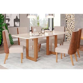 Conjunto: Mesa de Cozinha Yara c/ Tampo Madeirado c/ Vidro Curvo 200x90cm e 6 Cadeiras Anne Nature/Courano/Linho - Henn