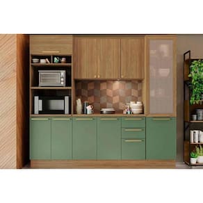 Kit de Cozinha Completa 5 Peças Botanic (1Aéreo+1Balcão+2Paneleiros+1Complemento) M650 Nogueira/Verde Oliva - Kappesberg