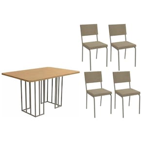Conjunto: Mesa de Cozinha Duina c/ Tampo de Madeira 136cm e 4 Cadeiras Zaria Niquel/Freijo - Boucle Bege - Kappesberg