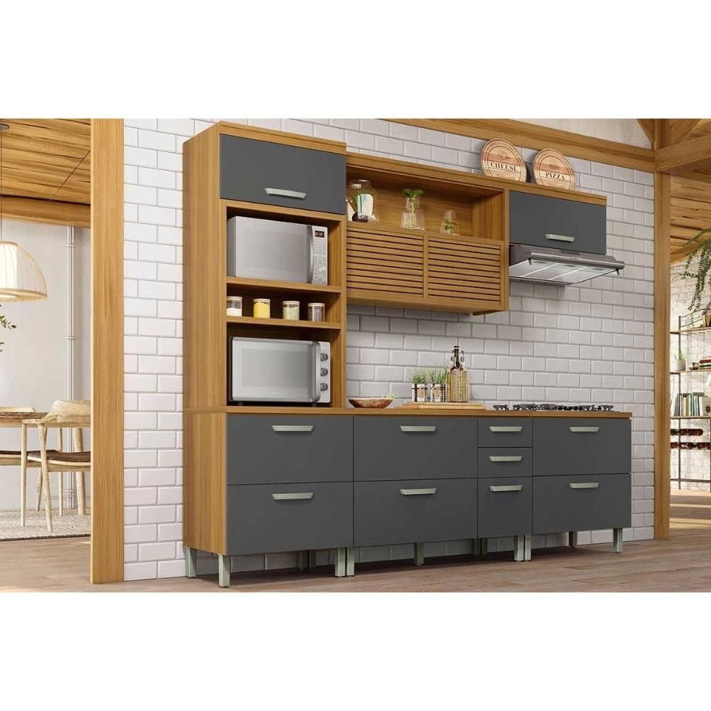 Kit Cozinha Modulada 4 Peças Princesa (1Aéreo+2Balcões+1Paneleiro) C6P64 Freijo/Grafite - Nesher