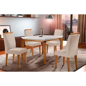 Conjunto: Mesa de Cozinha Londrina Tampo Madeirado c/ Vidro 120x80cm e 4 Cadeiras Athenas Capuccino/Suede Creme - Rufato