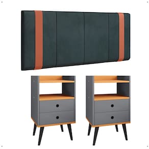 Kit Quarto 2 Mesas Cabeceira Retrô Cinza/Cinamomo Gavetas Nicho Painel Suspenso Cama Box Casal 1,40 Suede - Lojas RPM