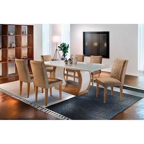 Conjunto: Mesa de Cozinha Jade Tampo Madeirado c/ Vidro Canto Reto 180x90cm e 6 Cadeiras Jade Imbuia/Off White - Suede Capuccino - Rufato