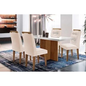 Conjunto: Mesa de Cozinha Berlim c/ Tampo Madeirado c/ Vidro Canto Curvo 120x80cm e 4 Cadeiras Imperatriz Imbuia/Off White - Suede Creme - Rufato