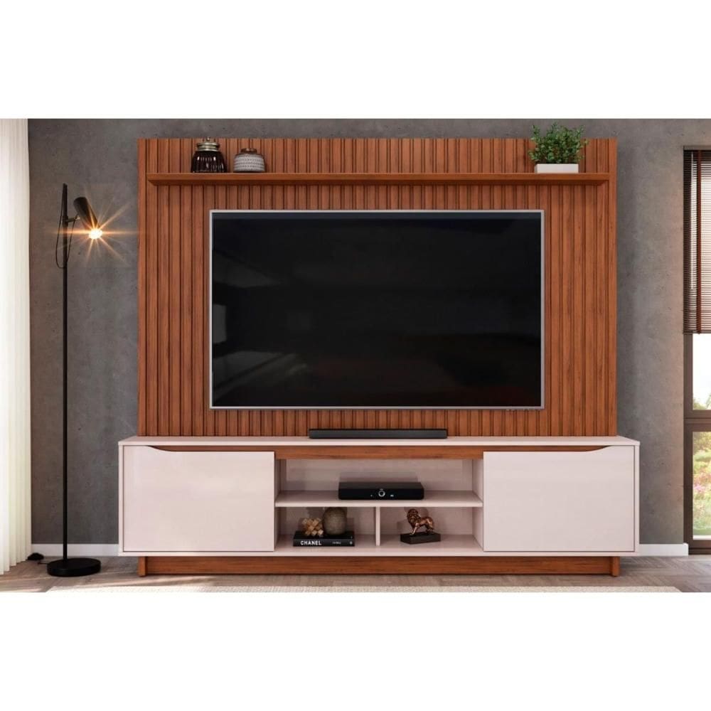 Estante p/ Sala até 70 Polegadas Enzo c/ Prateleira Nichos e Pés 200x188cm Freijó/Off White - DJ Móveis