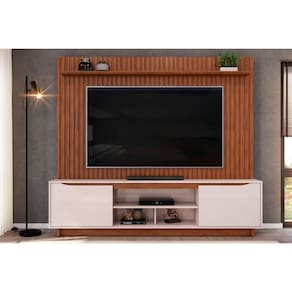 Estante p/ Sala até 70 Polegadas Enzo c/ Prateleira Nichos e Pés 200x188cm Freijó/Off White - DJ Móveis