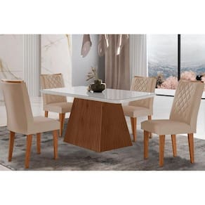 Conjunto: Mesa de Cozinha Luna c/ Tampo Madeirado c/ Vidro Canto Curvo 120x80cm e 4 cadeiras Jade Imbuia/Off White - Suede Creme - Rufato