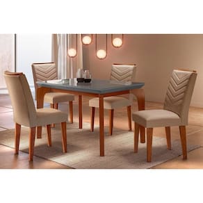 Conjunto: Mesa de Cozinha Londrina c/ Tampo Madeirado c/ Vidro Canto Curvo 120x80cm e 4 cadeiras Londrina Imbuia/Grafite - Suede Capuccino - Rufato